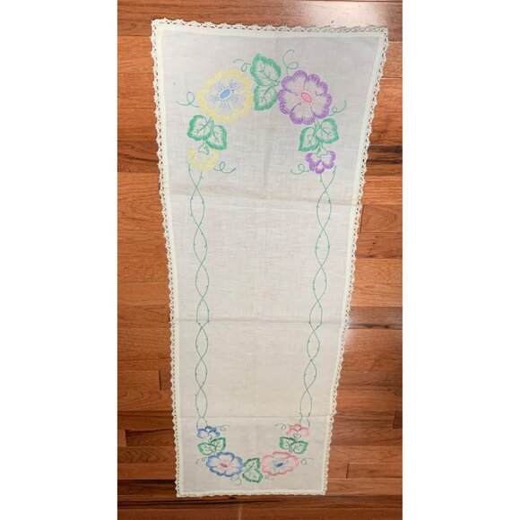 Embroidery Pink Purple and Yellow Flower Table Runner 15x46 Vintage - Picture 10 of 12